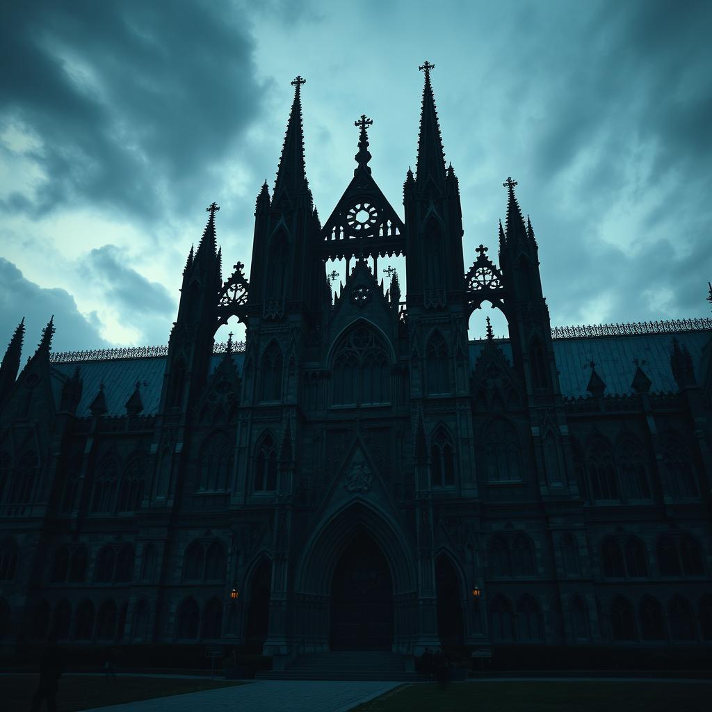 A large and imposing gothic structure, with dark and intricate architectural details, towering spires, and an eerie atmosphere