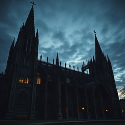 A large and imposing gothic structure, with dark and intricate architectural details, towering spires, and an eerie atmosphere