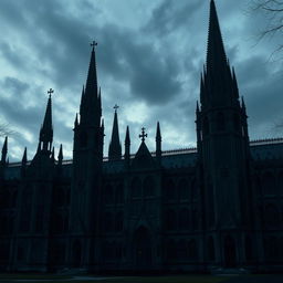 A large and imposing gothic structure, with dark and intricate architectural details, towering spires, and an eerie atmosphere