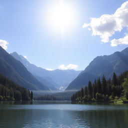 A beautiful landscape featuring a serene lake surrounded by lush green trees and majestic mountains in the background