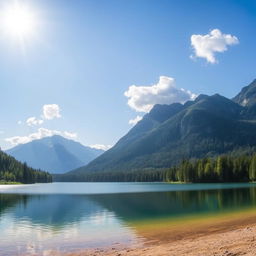 A beautiful landscape featuring a serene lake surrounded by lush green trees and majestic mountains in the background