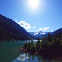 A beautiful landscape featuring a serene lake surrounded by lush green trees and majestic mountains in the background