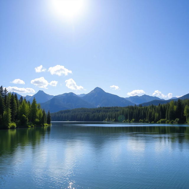 A beautiful landscape featuring a serene lake surrounded by lush green trees and majestic mountains in the background