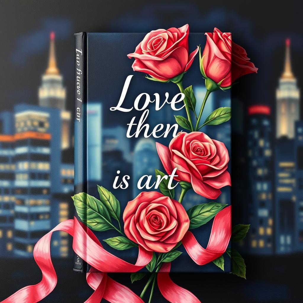 Create a romantic book cover featuring roses and ribbons painted in an oil paint style