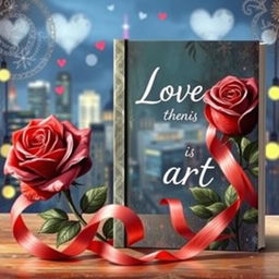 Create a romantic book cover featuring roses and ribbons painted in an oil paint style