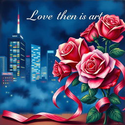 Create a romantic book cover featuring roses and ribbons painted in an oil paint style