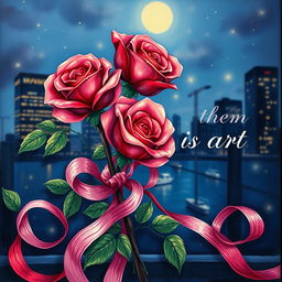 Create a romantic book cover featuring roses and ribbons painted in an oil paint style