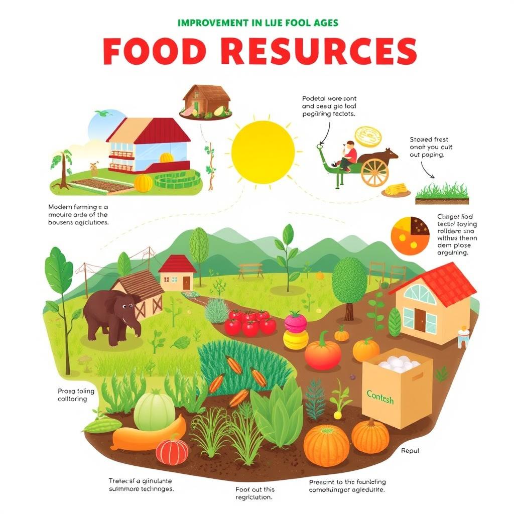 A vibrant and educational illustration showcasing various improvements in food resources, including modern farming techniques, sustainable agriculture, and innovative food production methods