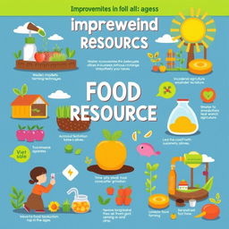 A vibrant and educational illustration showcasing various improvements in food resources, including modern farming techniques, sustainable agriculture, and innovative food production methods