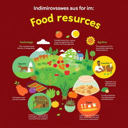 A vibrant and educational illustration showcasing various improvements in food resources, including modern farming techniques, sustainable agriculture, and innovative food production methods