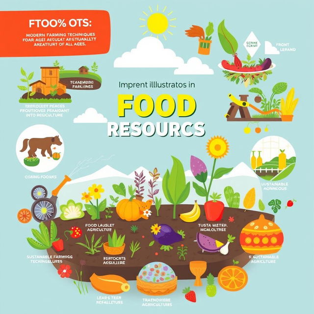 A vibrant and educational illustration showcasing various improvements in food resources, including modern farming techniques, sustainable agriculture, and innovative food production methods