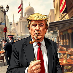 Create an image of Donald Trump walking through the streets of Cairo, Egypt