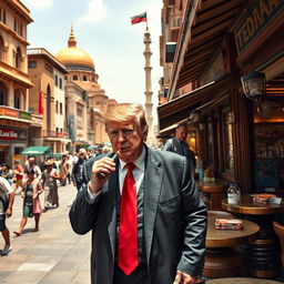 Create an image of Donald Trump walking through the streets of Cairo, Egypt