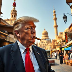 Create an image of Donald Trump walking through the streets of Cairo, Egypt