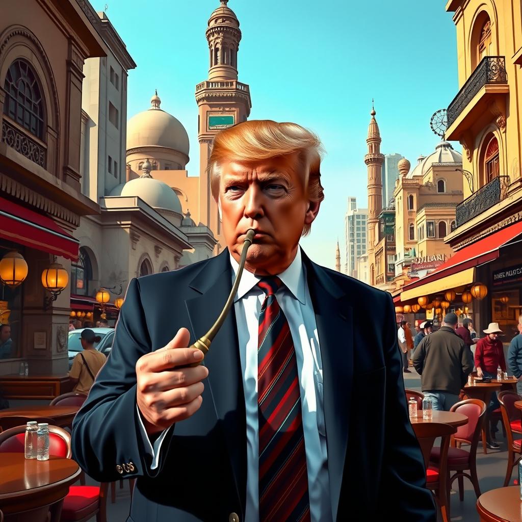 Create an image of Donald Trump walking through the streets of Cairo, Egypt