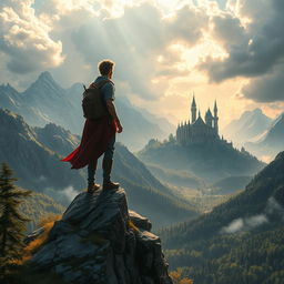 Create a captivating book cover featuring an adventurous scene with a hero standing on a cliff overlooking a vast, mystical landscape