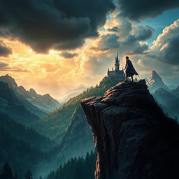 Create a captivating book cover featuring an adventurous scene with a hero standing on a cliff overlooking a vast, mystical landscape