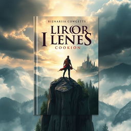 Create a captivating book cover featuring an adventurous scene with a hero standing on a cliff overlooking a vast, mystical landscape