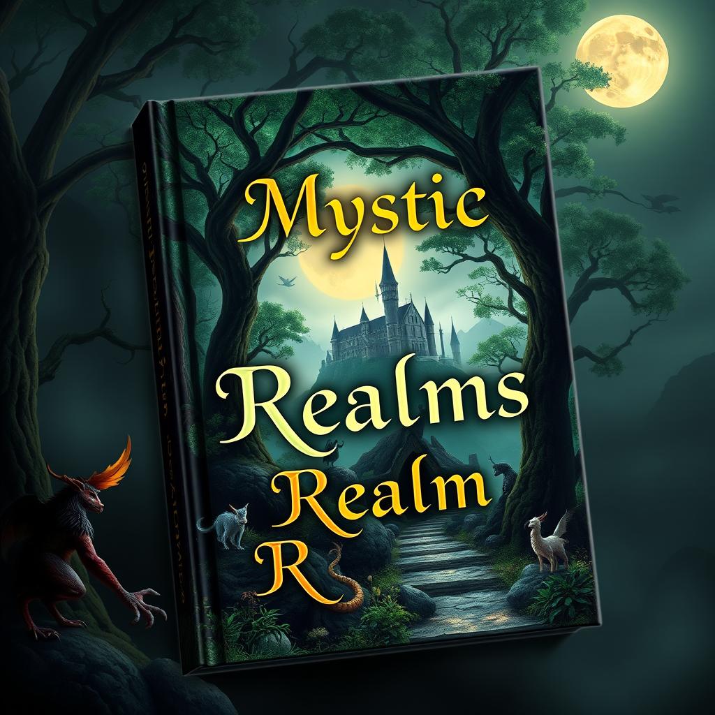 Create a captivating book cover featuring an enchanted forest with mystical creatures, a hidden castle in the background, and a glowing moon