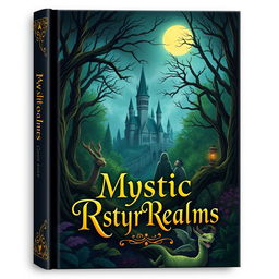 Create a captivating book cover featuring an enchanted forest with mystical creatures, a hidden castle in the background, and a glowing moon