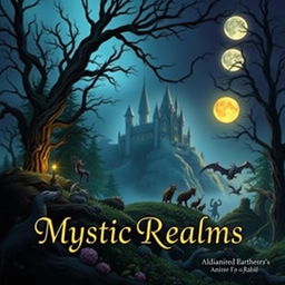 Create a captivating book cover featuring an enchanted forest with mystical creatures, a hidden castle in the background, and a glowing moon