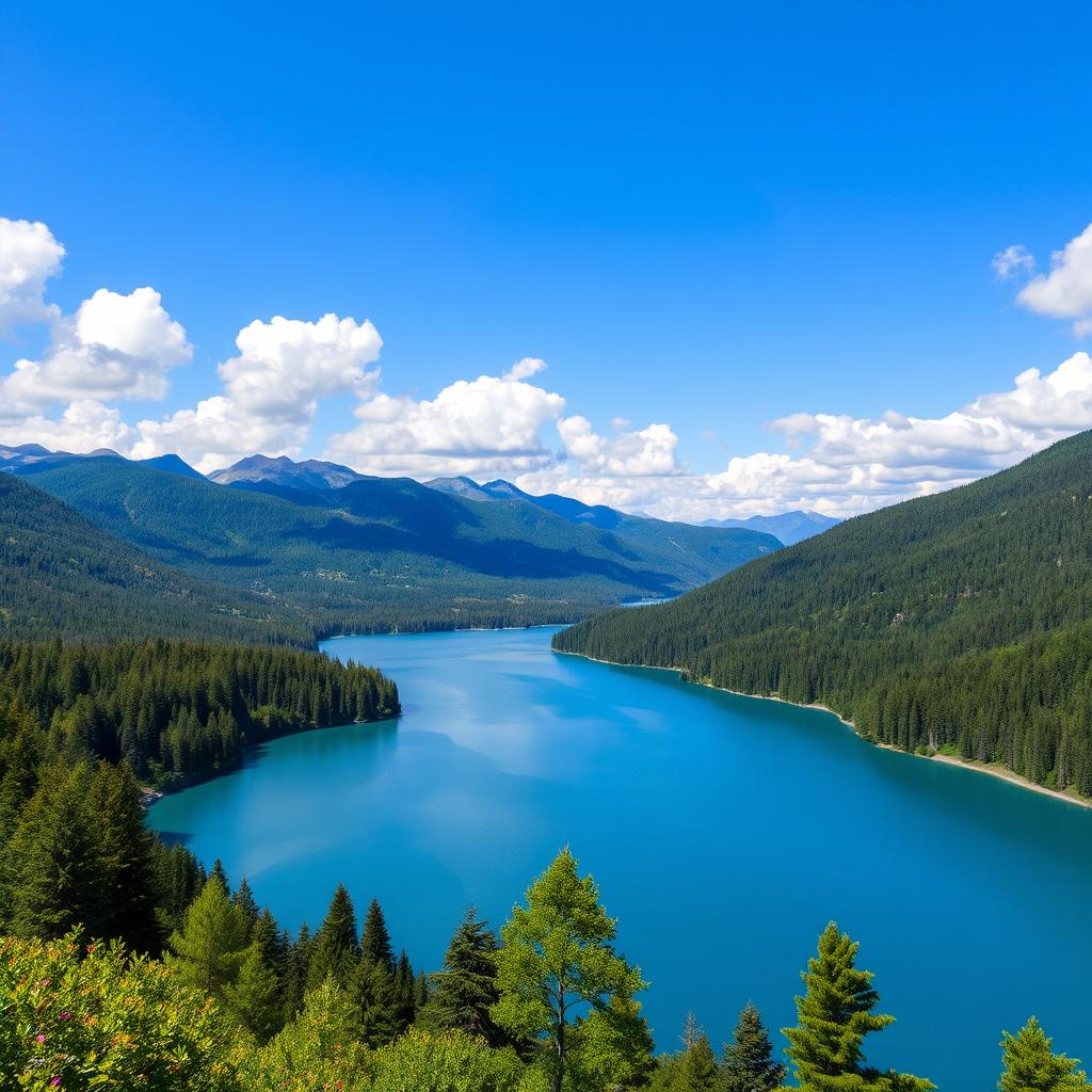 A beautiful landscape featuring a serene lake surrounded by lush green forests and mountains in the background under a clear blue sky with fluffy white clouds