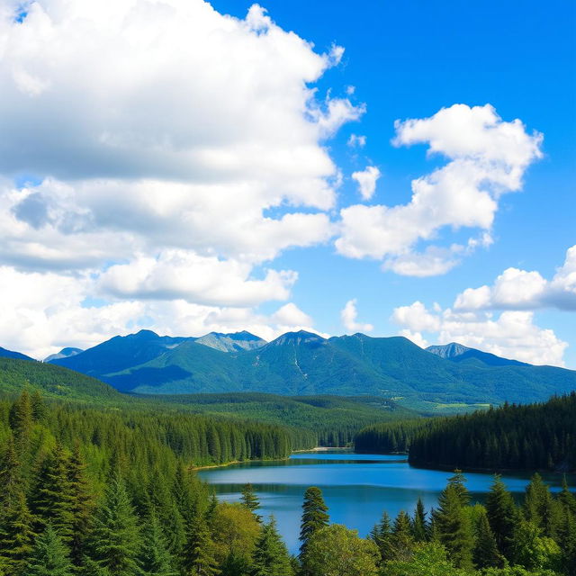 A beautiful landscape featuring a serene lake surrounded by lush green forests and mountains in the background under a clear blue sky with fluffy white clouds