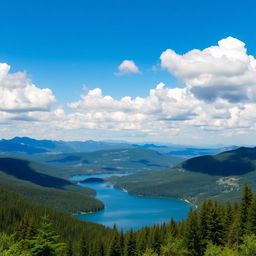 A beautiful landscape featuring a serene lake surrounded by lush green forests and mountains in the background under a clear blue sky with fluffy white clouds