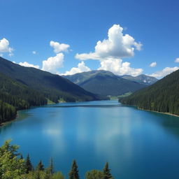 A beautiful landscape featuring a serene lake surrounded by lush green forests and mountains in the background under a clear blue sky with fluffy white clouds