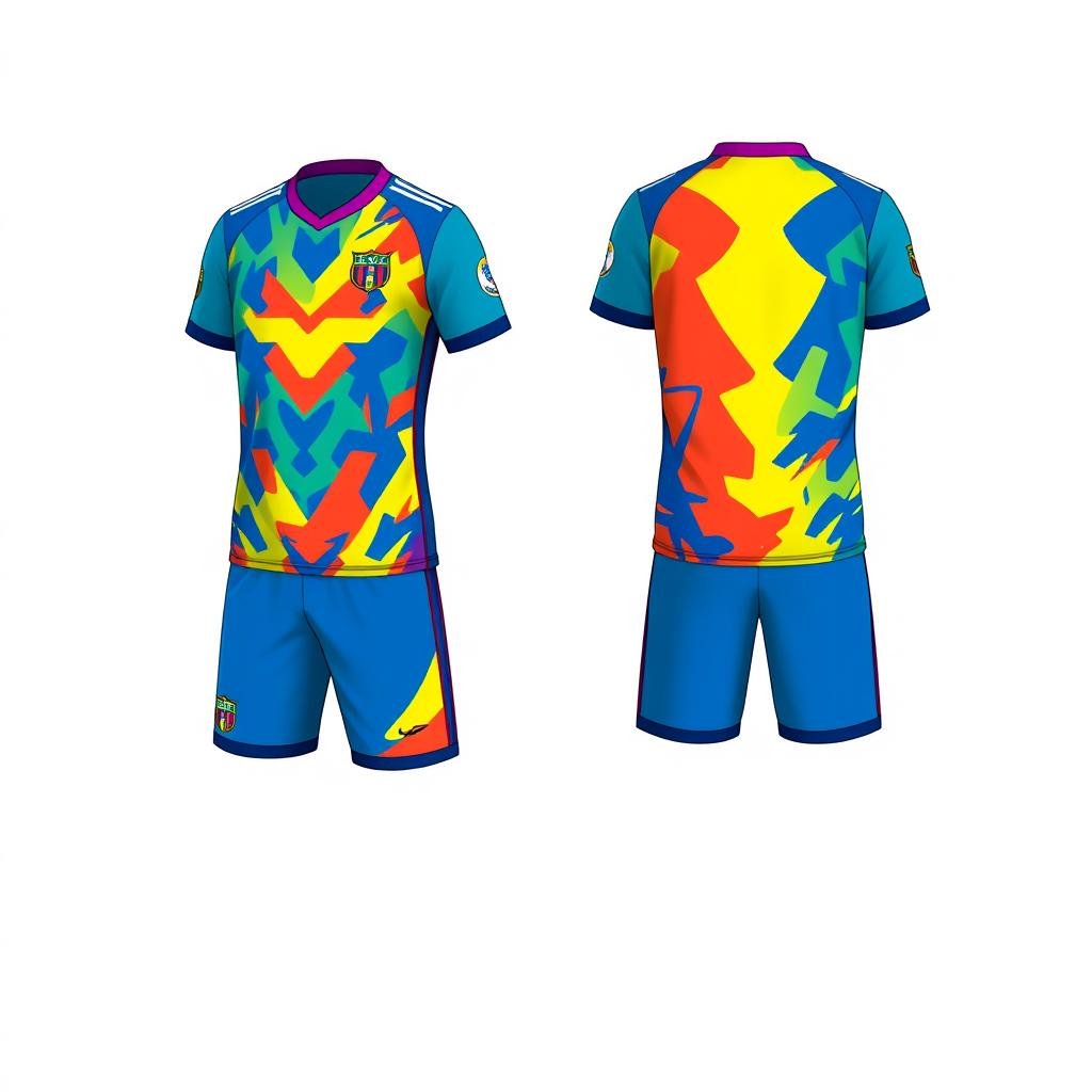 A detailed design of a football jersey and shorts set