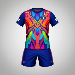 A detailed design of a football jersey and shorts set