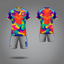 A detailed design of a football jersey and shorts set