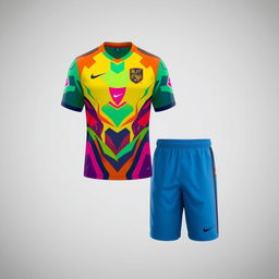 A detailed design of a football jersey and shorts set