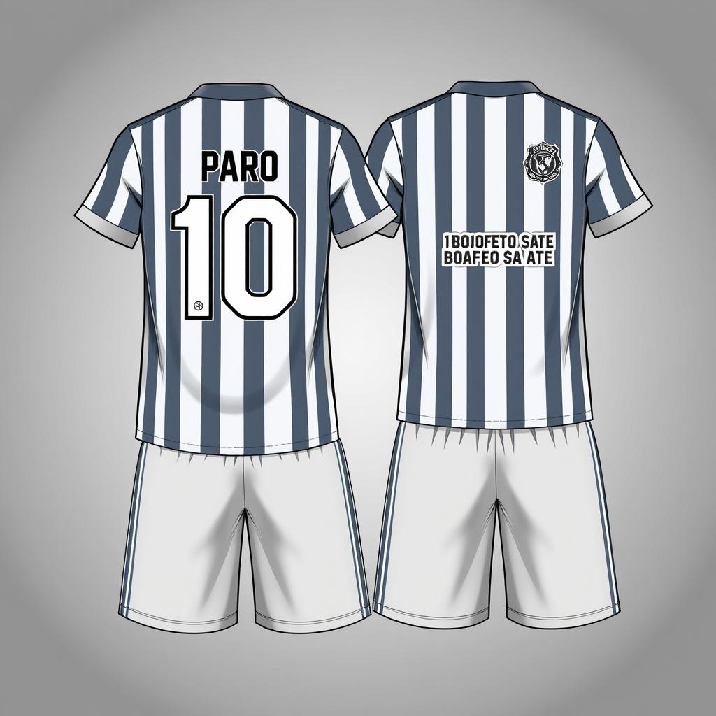 A detailed design of a football jersey and shorts set with stripes