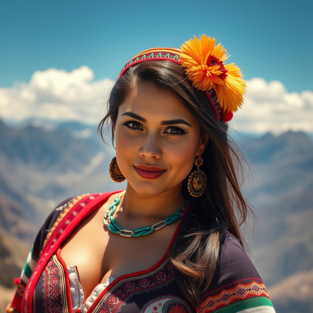 A portrait of an attractive traditional Bolivian woman with a sensual sight