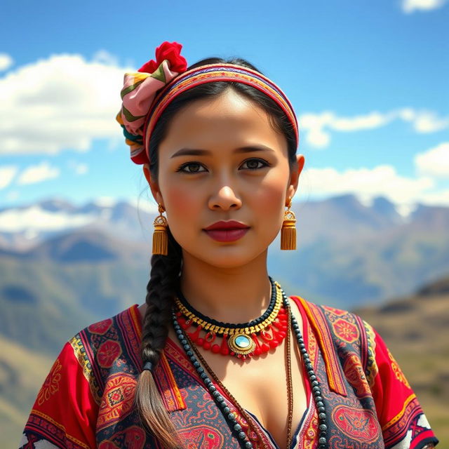 A portrait of an attractive traditional Bolivian woman with a sensual sight