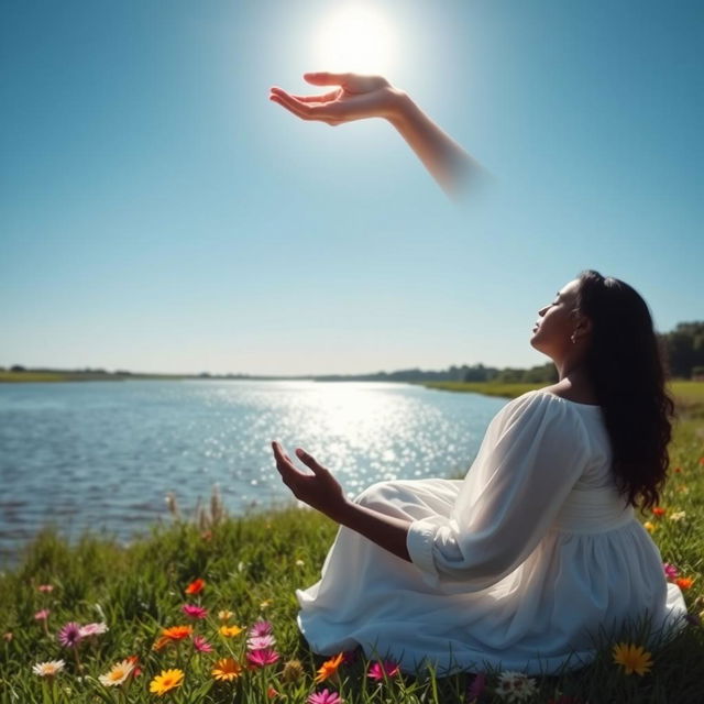 A black woman in a white dress sits by a glistening river, praying