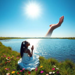 A black woman in a white dress sits by a glistening river, praying