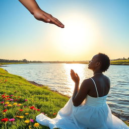 A black woman in a white dress sits by a glistening river, praying