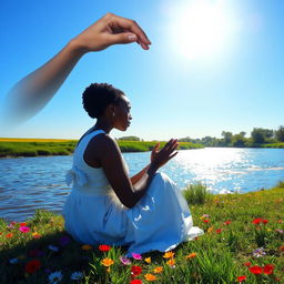 A black woman in a white dress sits by a glistening river, praying