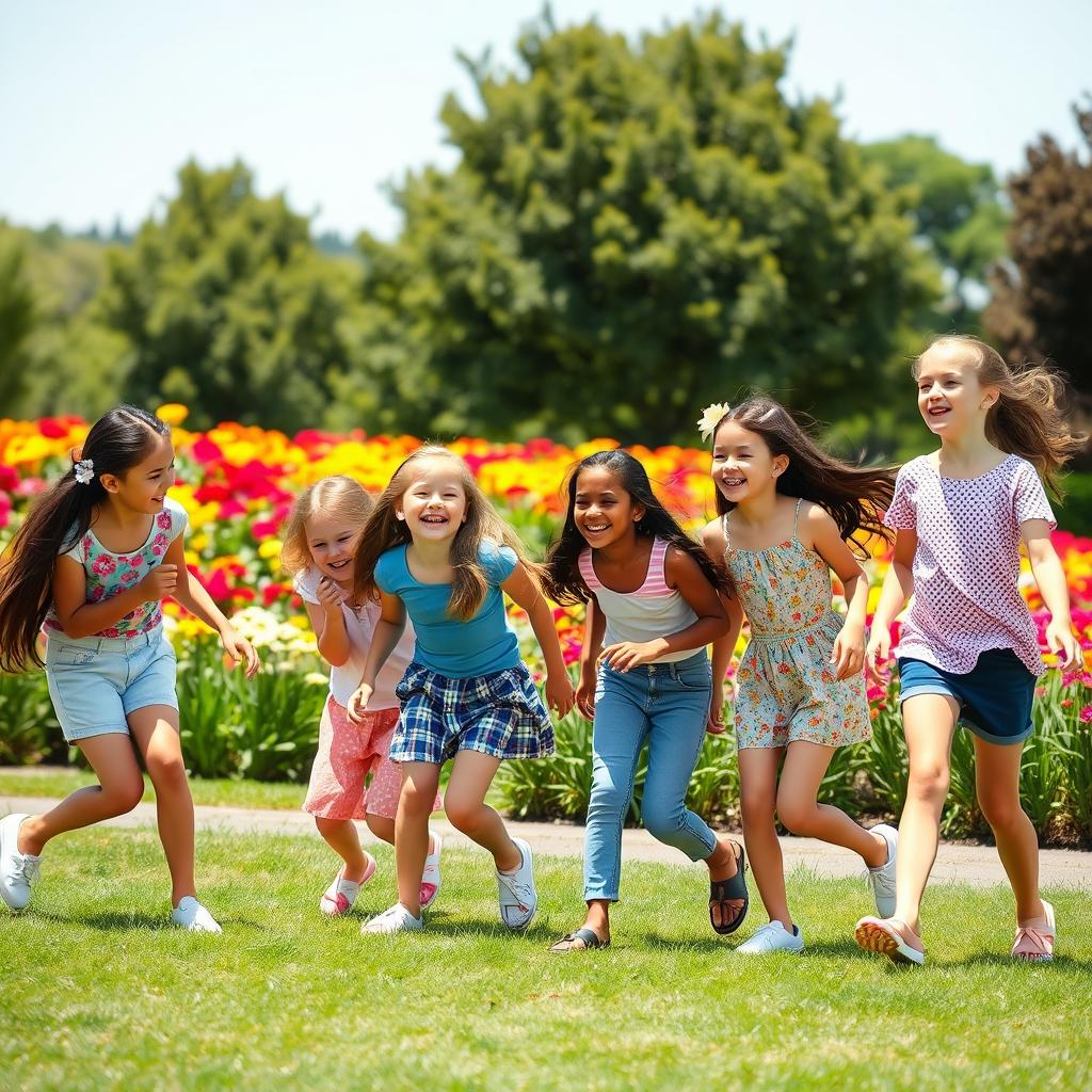 A group of girls enjoying a sunny day in the park, playing and laughing together