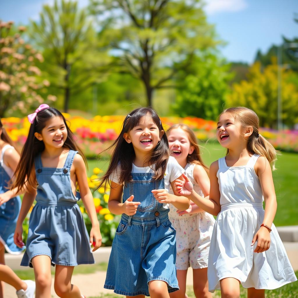 A group of girls enjoying a sunny day in the park, playing and laughing together