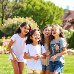 A group of girls enjoying a sunny day in the park, playing and laughing together