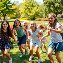 A group of girls enjoying a sunny day in the park, playing and laughing together