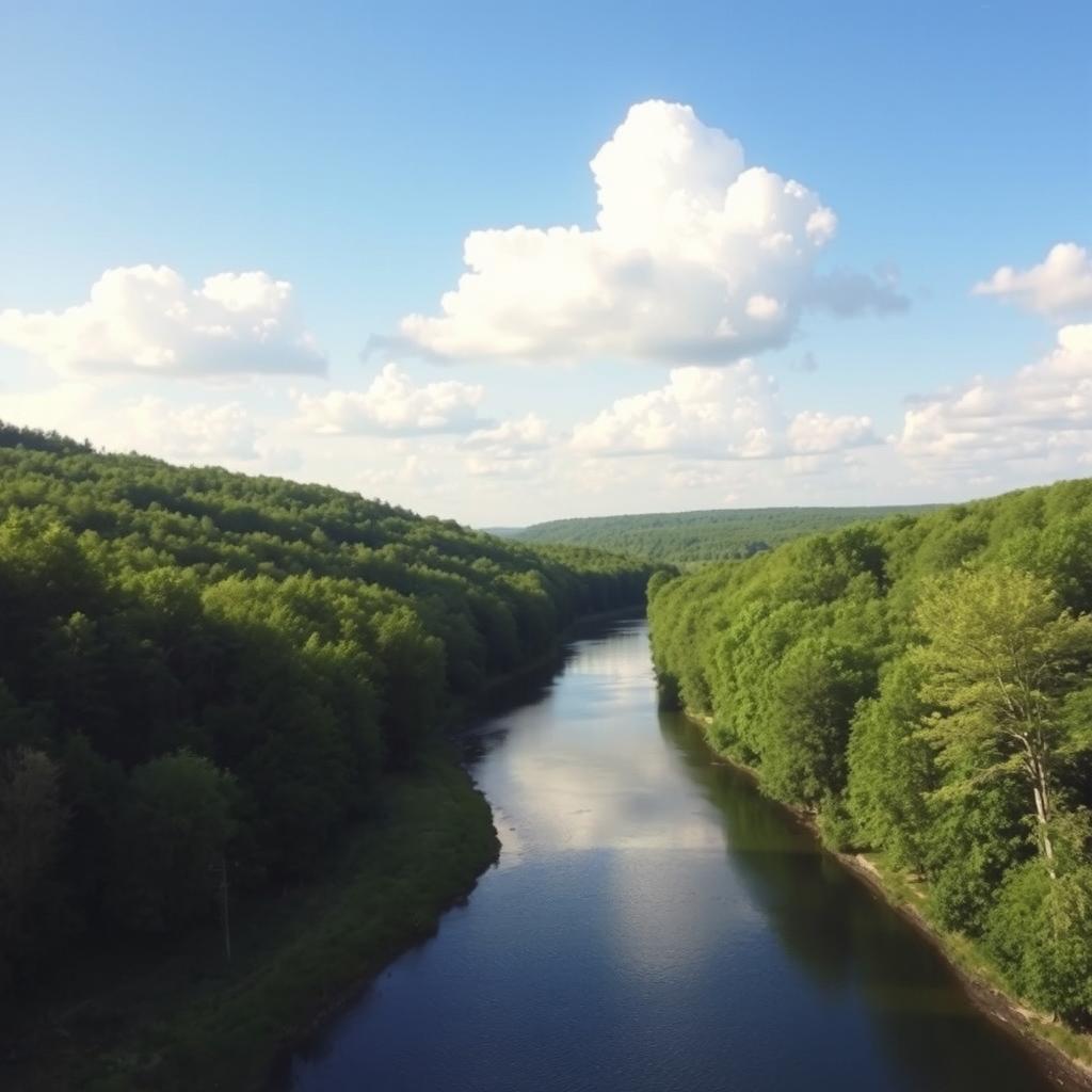 Create a beautiful and serene landscape image featuring a lush green forest, a calm river flowing through it, and a clear blue sky with fluffy white clouds