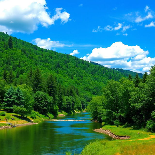 Create a beautiful and serene landscape image featuring a lush green forest, a calm river flowing through it, and a clear blue sky with fluffy white clouds