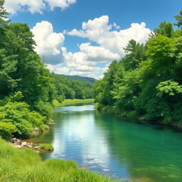 Create a beautiful and serene landscape image featuring a lush green forest, a calm river flowing through it, and a clear blue sky with fluffy white clouds