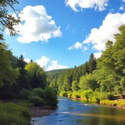 Create a beautiful and serene landscape image featuring a lush green forest, a calm river flowing through it, and a clear blue sky with fluffy white clouds