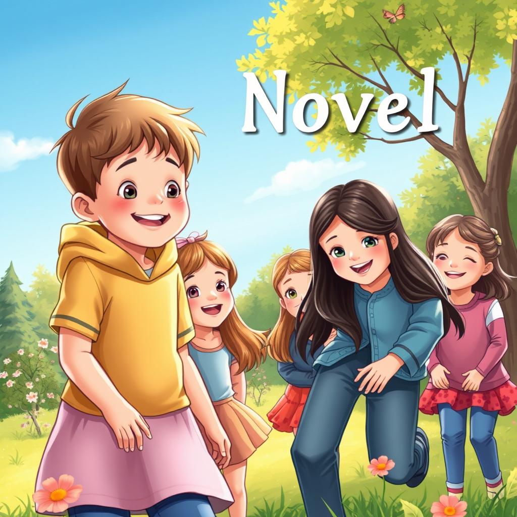 Create a novel cover featuring a young boy and several girls