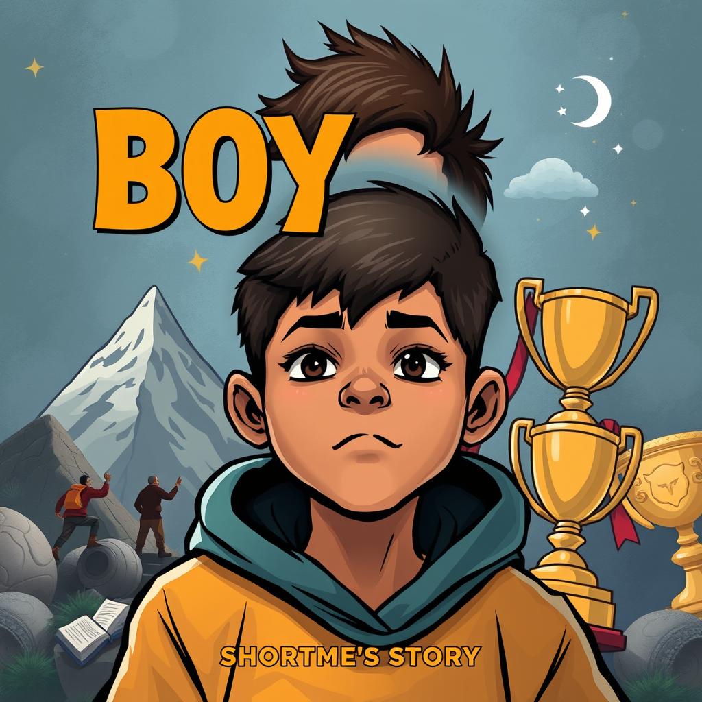 Create a cover for a short story about a boy who struggles in life to achieve greatness